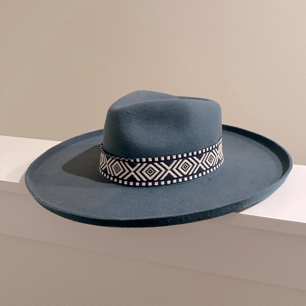 Stylish Blue Wide-Brim Hat with Patterned Band